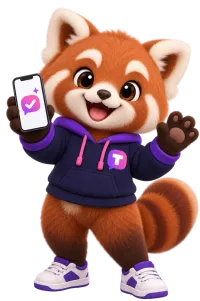 Tilly the red panda mascot waving and holding a phone