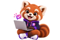 Tilly the red panda mascot typing on a laptop