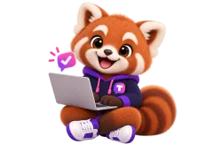 Tilly the red panda mascot typing on a laptop
