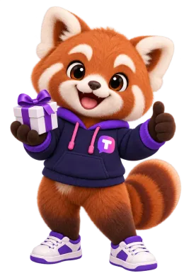 Tilly the red panda giving a thumbs up and holding a gift
